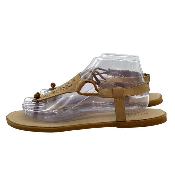 Sperry Laser Cut Floral Leather Thong Sandals 10 Slingback Neutral Flat - Picture 4 of 8